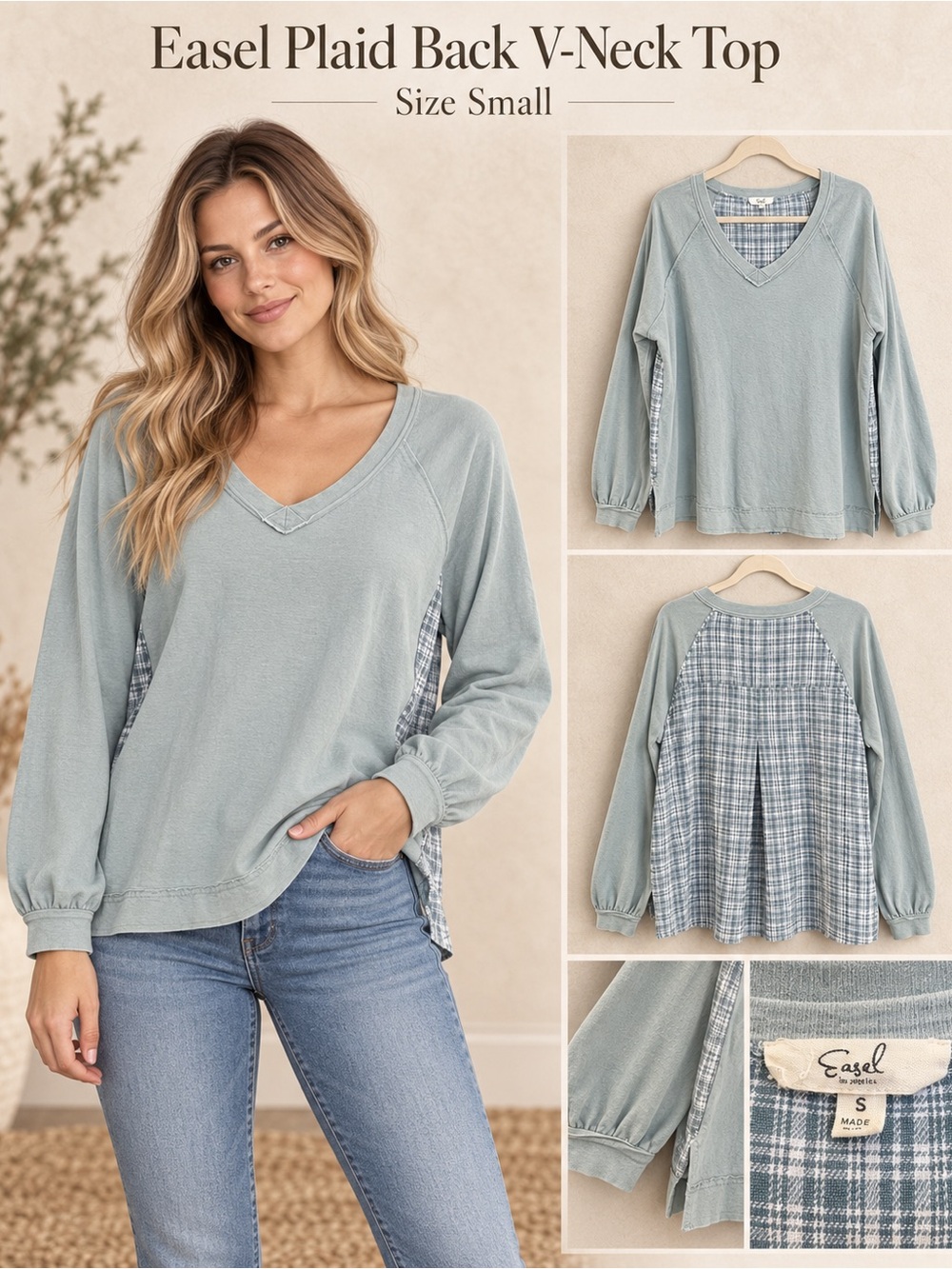 Easel Women's Plaid-Back V-Neck Top in Sage